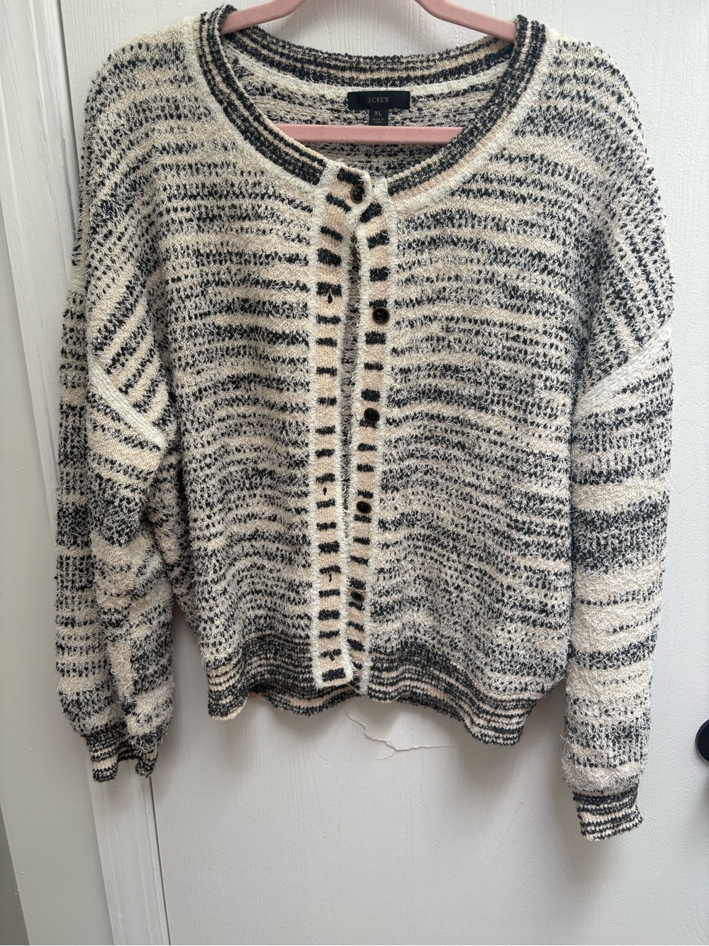 J. Crew Cream and Black Striped Knit Button Cardigan